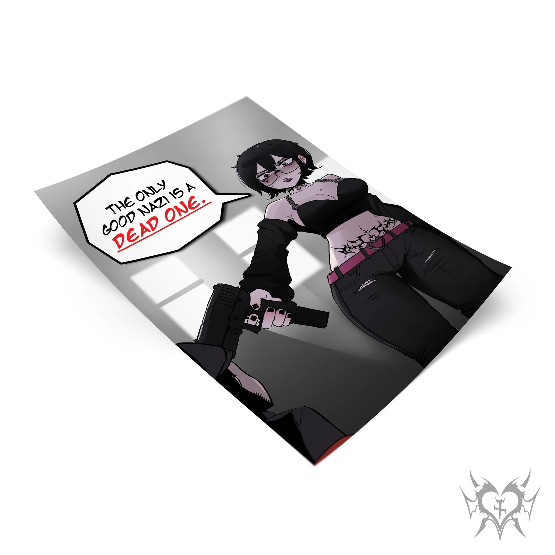 ANTIFA Noushi art print tilted at an angle in a gray indoor scene, with a speech-bubble callout saying the only good nazi is a dead one