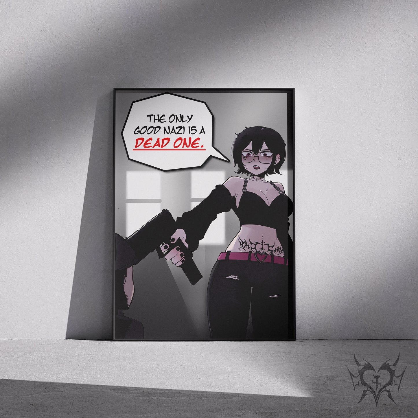 ANTIFA Noushi art print in a black frame mockup leaning against a gray wall