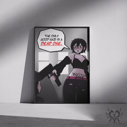 ANTIFA Noushi art print in a black frame mockup leaning against a gray wall