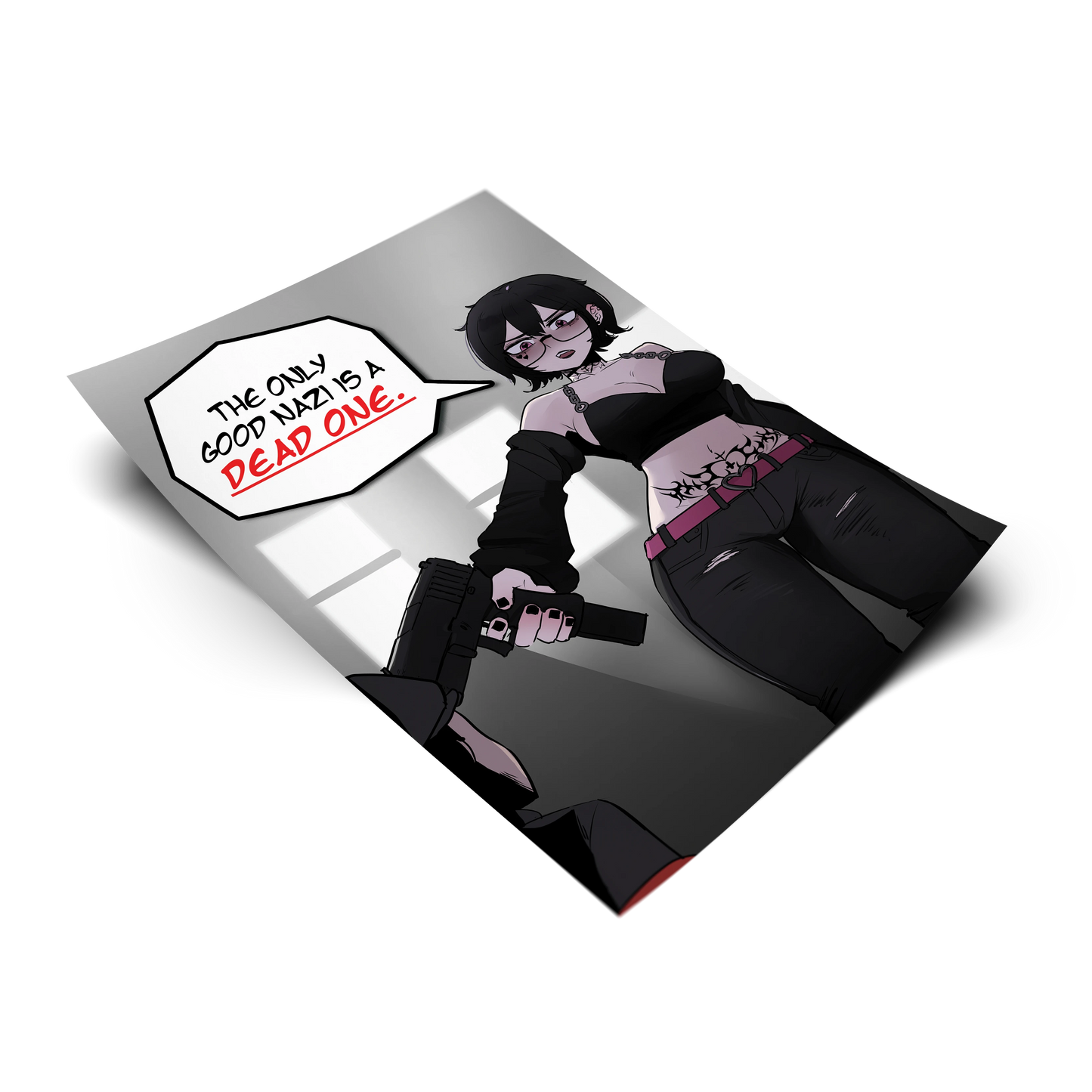 ANTIFA Noushi art print tilted at an angle on a transparent background, with a speech-bubble callout saying the only good nazi is a dead one