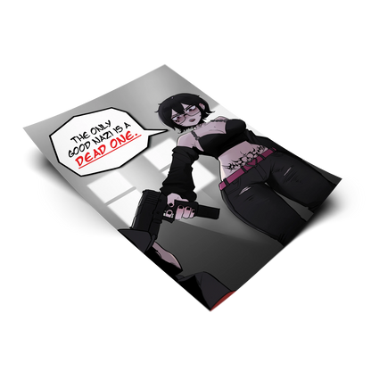 ANTIFA Noushi art print tilted at an angle on a transparent background, with a speech-bubble callout saying the only good nazi is a dead one