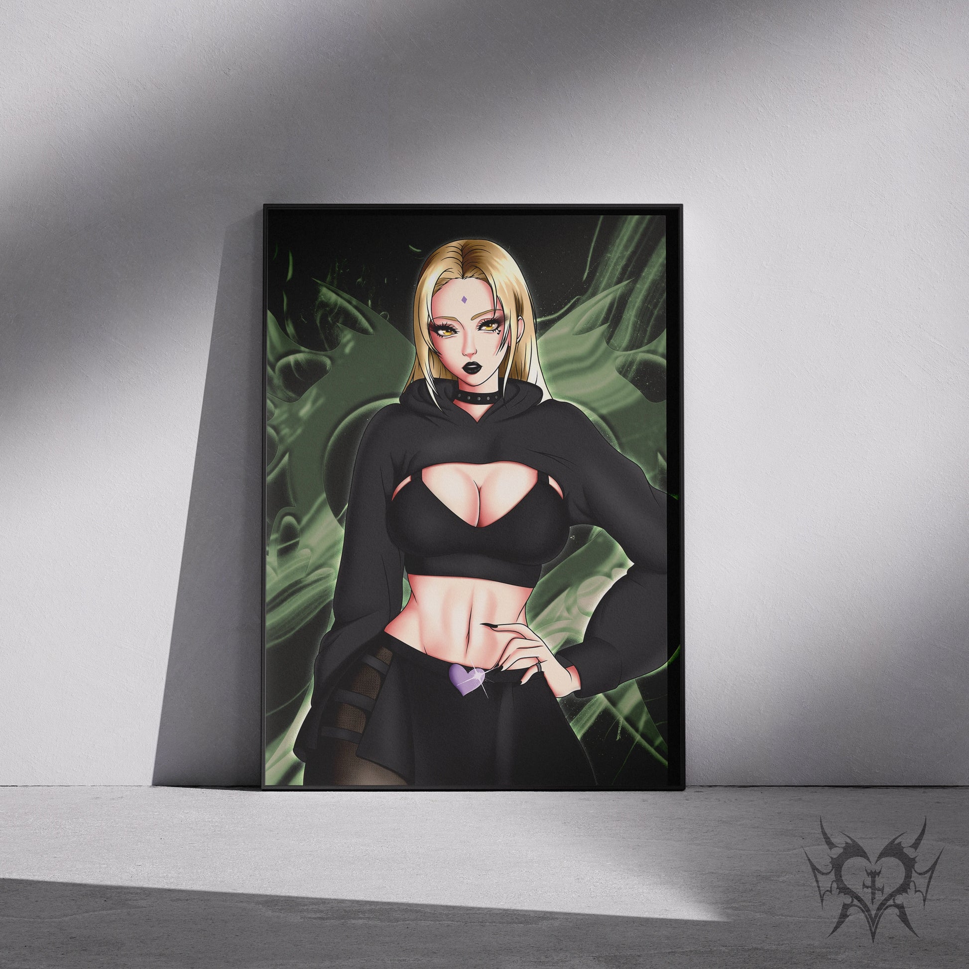 Goth Tsunade art print in a black frame mockup leaning against a gray wall