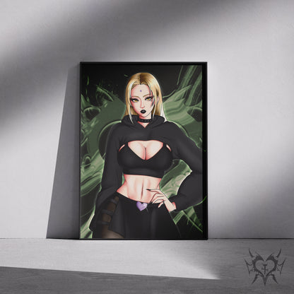 Goth Tsunade art print in a black frame mockup leaning against a gray wall