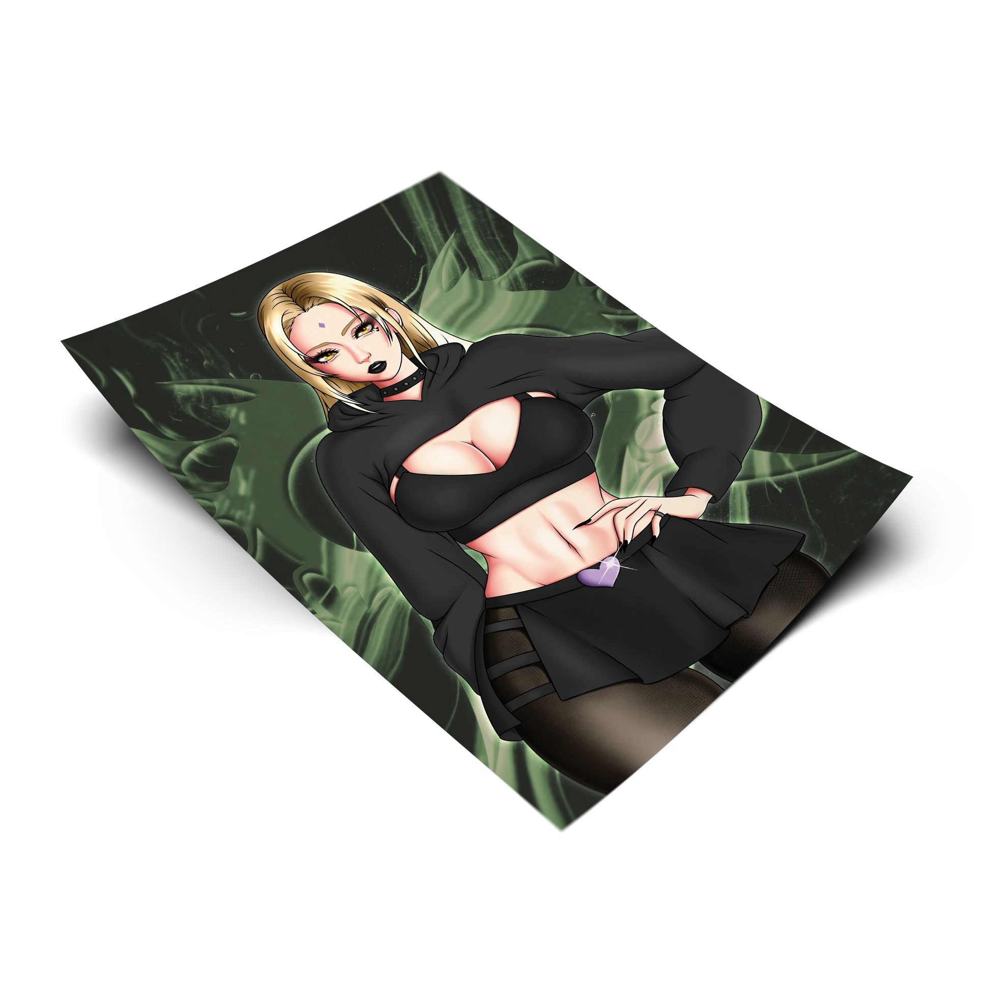 Goth Tsunade art print tilted at an angle on a transparent background