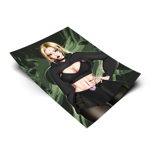 Goth Tsunade art print tilted at an angle on a transparent background