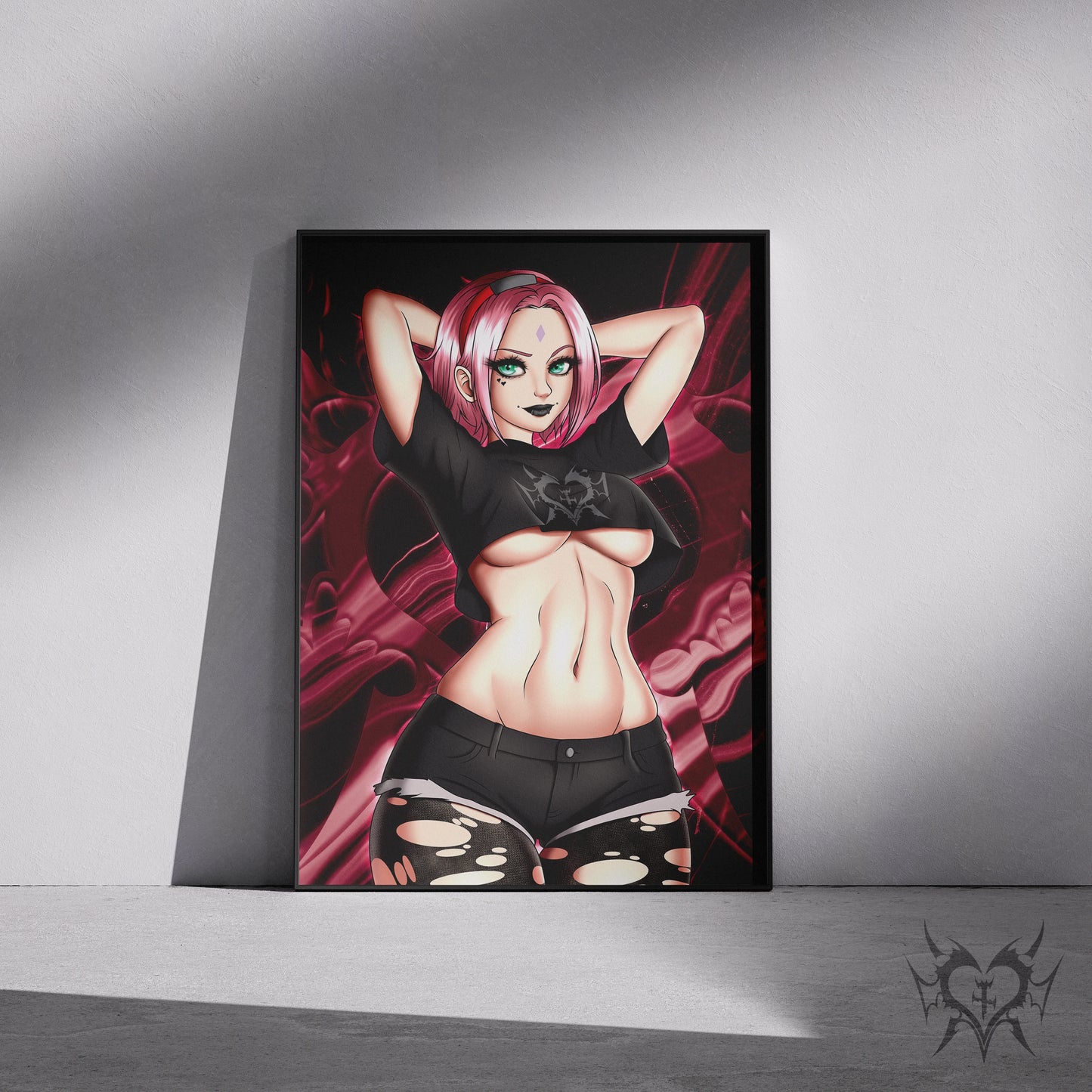 Goth Sakura Haruno art print in a black frame mockup leaning against a gray wall