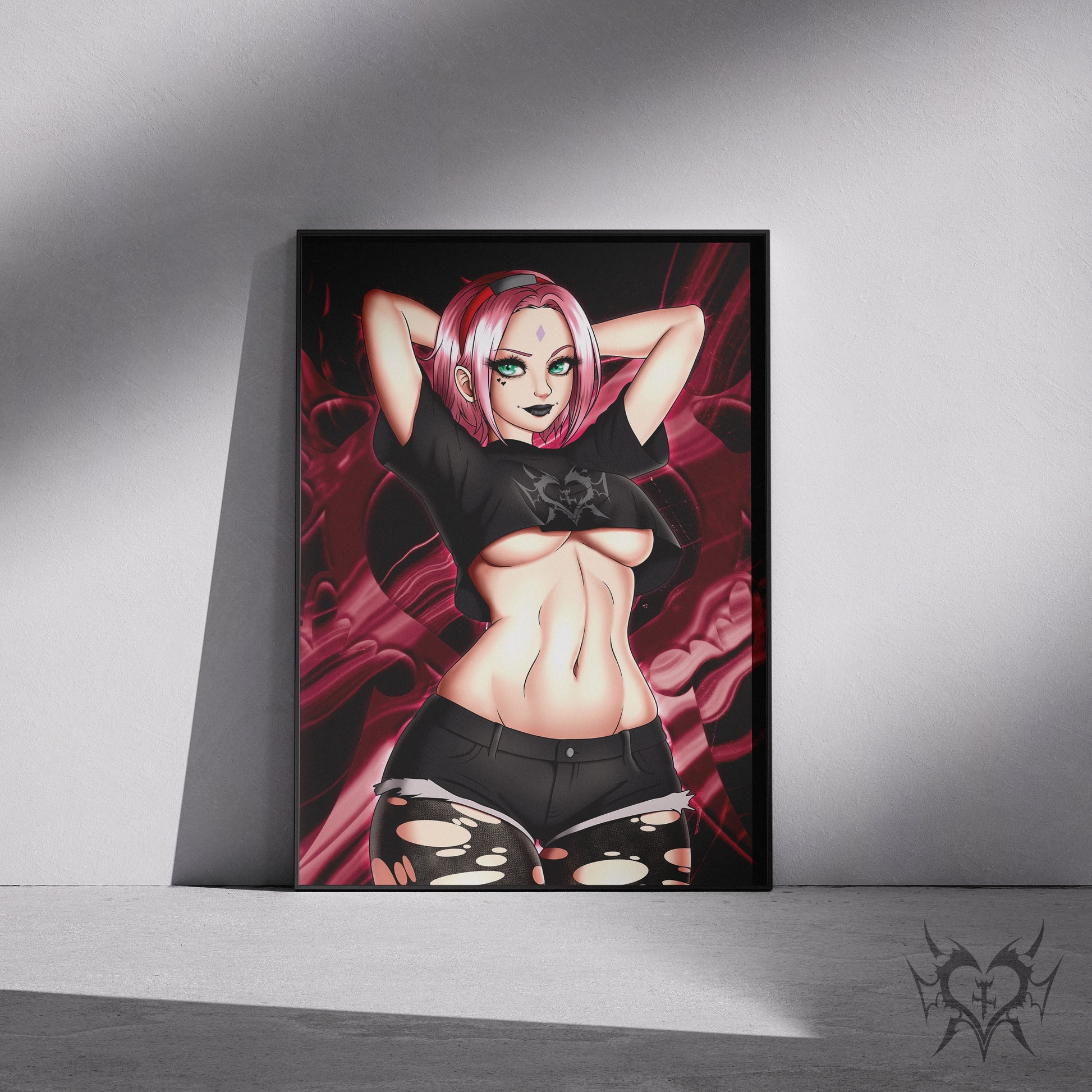 Goth Sakura Haruno art print in a black frame mockup leaning against a gray wall