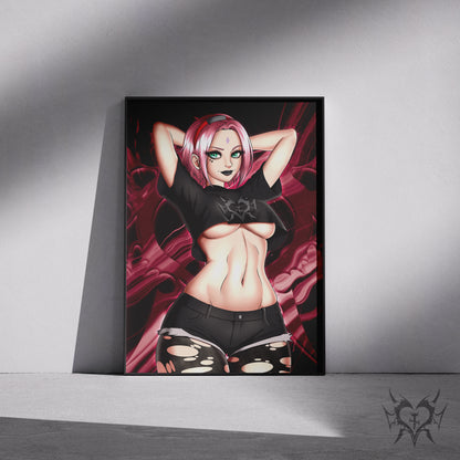 Goth Sakura Haruno art print in a black frame mockup leaning against a gray wall