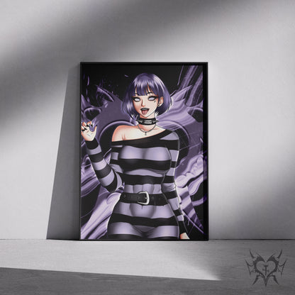Goth Hinata Hyuuga art print in a black frame mockup leaning against a gray wall
