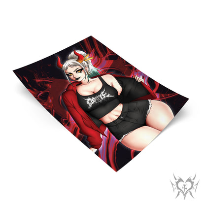 Goth Yamato art print tilted at an angle over a dark red smoky Always Sick branded background