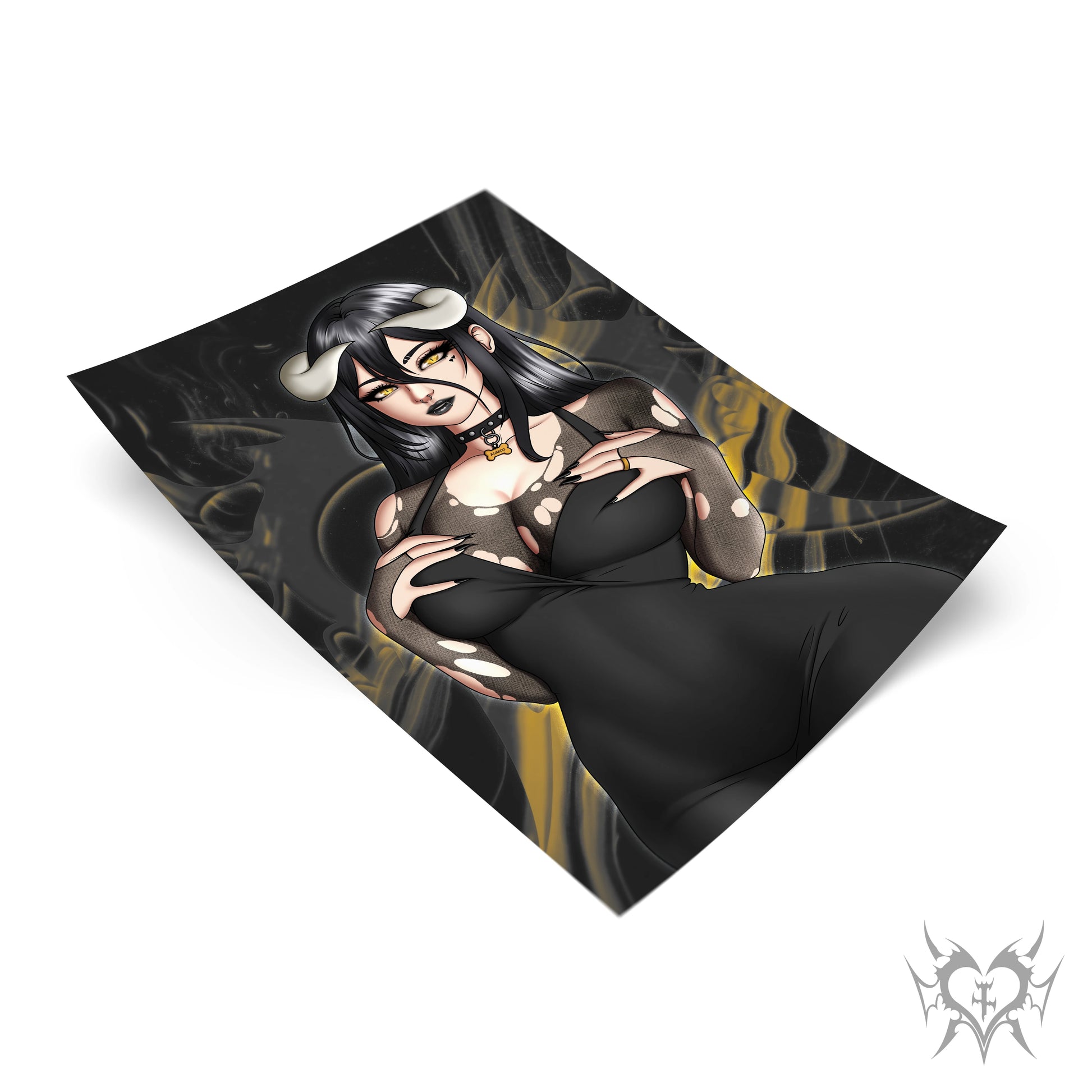 Goth Albedo art print tilted at an angle over a black and gold smoky Always Sick branded background