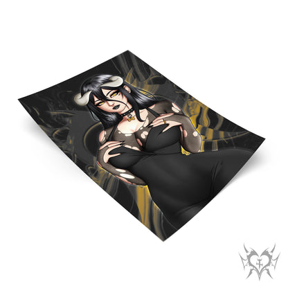 Goth Albedo art print tilted at an angle over a black and gold smoky Always Sick branded background