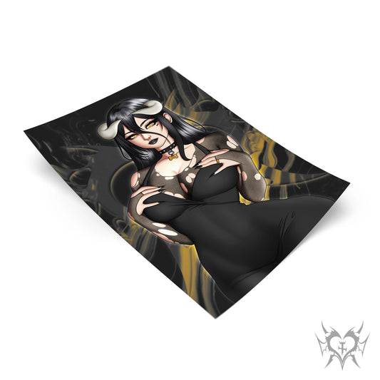 Goth Albedo art print tilted at an angle over a black and gold smoky Always Sick branded background