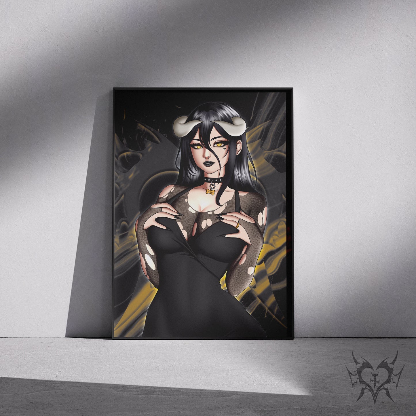 Goth Albedo art print in a black frame mockup leaning against a gray wall