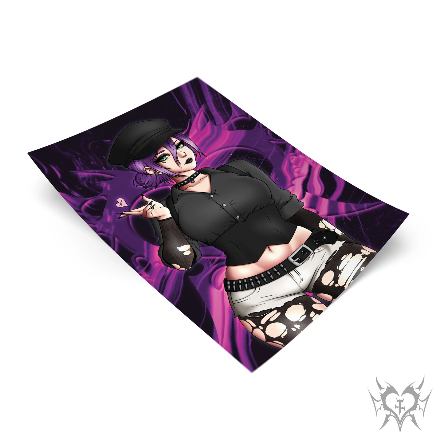 Goth Reze art print laid flat on a purple smoke background, wearing a black newsboy cap, choker, cropped black button-up, and skull-print shorts