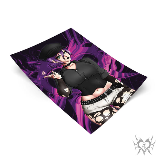 Goth Reze art print laid flat on a purple smoke background, wearing a black newsboy cap, choker, cropped black button-up, and skull-print shorts