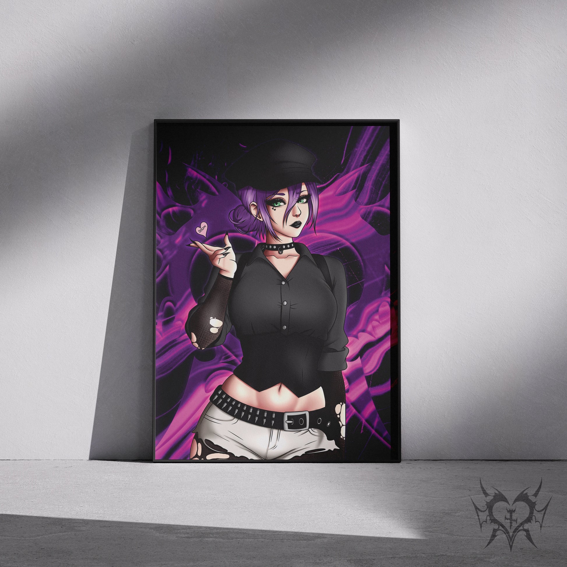 Goth Reze art print in a black frame mockup leaning against a gray wall