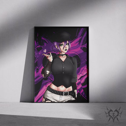 Goth Reze art print in a black frame mockup leaning against a gray wall