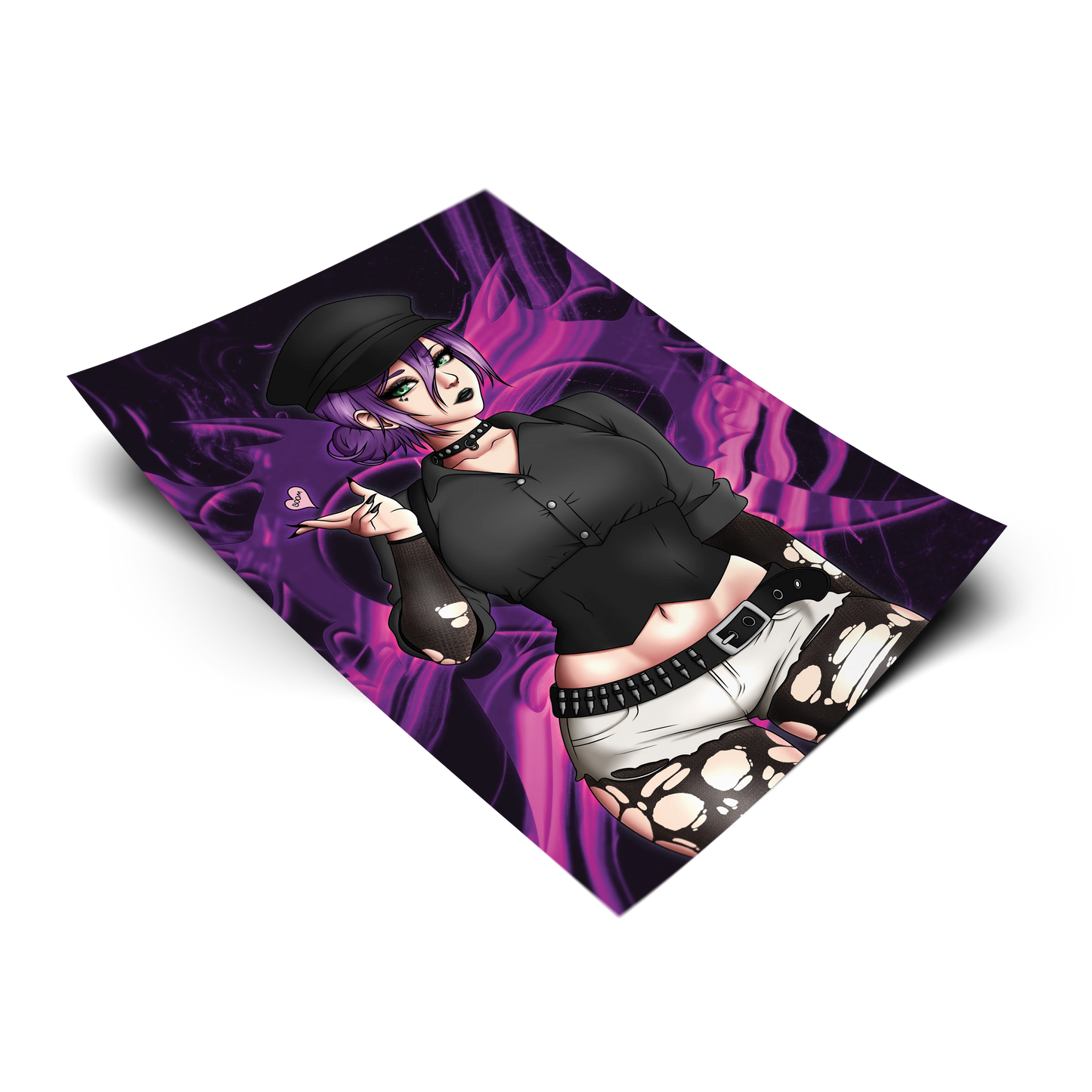 Goth Reze art print on a transparent background, wearing a black newsboy cap, choker, cropped black button-up, and skull-print shorts