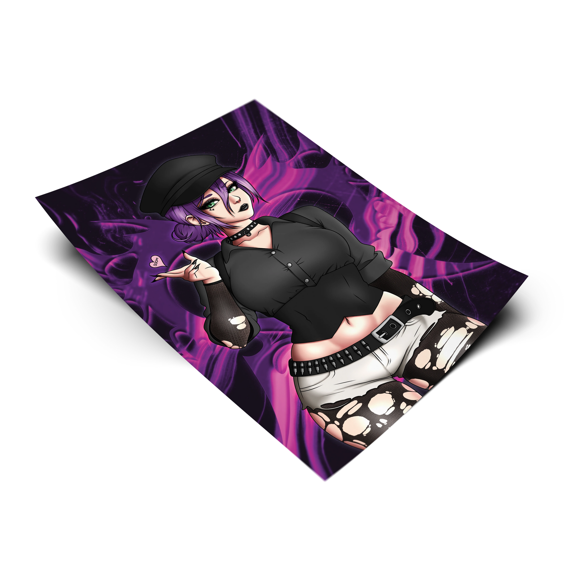 Goth Reze art print on a transparent background, wearing a black newsboy cap, choker, cropped black button-up, and skull-print shorts