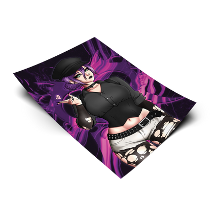 Goth Reze art print on a transparent background, wearing a black newsboy cap, choker, cropped black button-up, and skull-print shorts