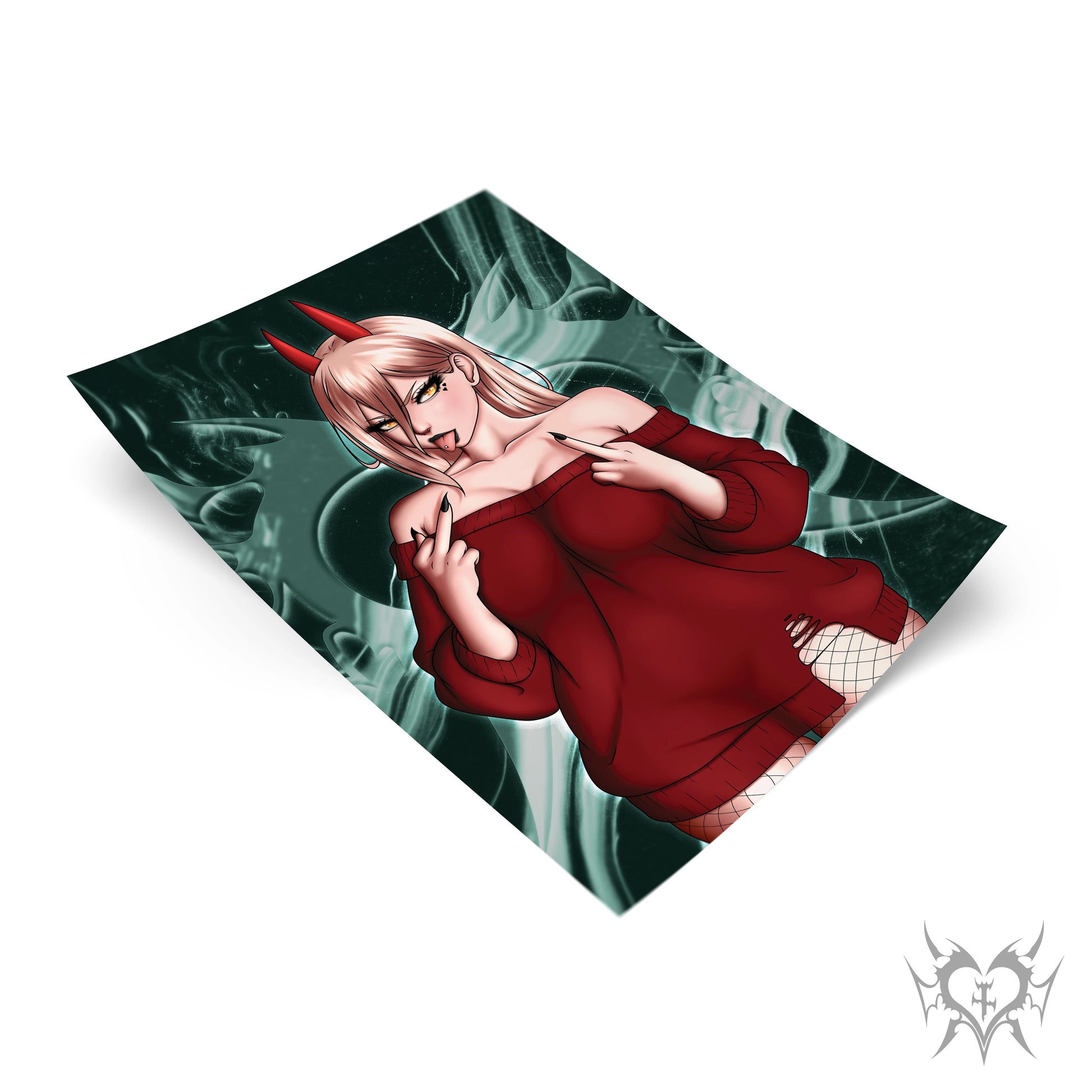 Power art print laid flat on a dark teal smoke background, red devil horns, off-shoulder red sweater, fishnet tights