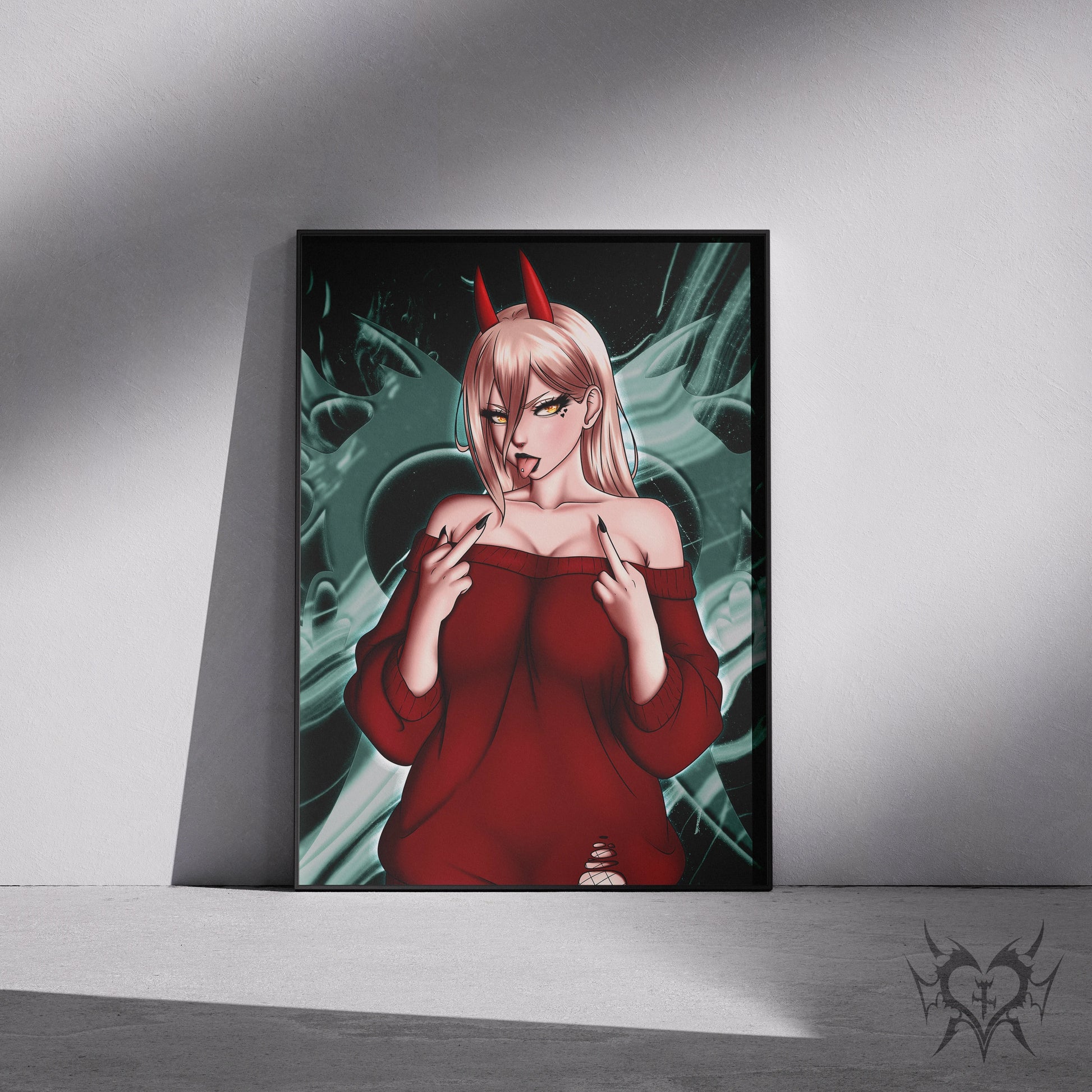 Power art print in a black frame mockup leaning against a gray wall
