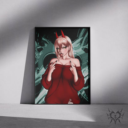 Power art print in a black frame mockup leaning against a gray wall