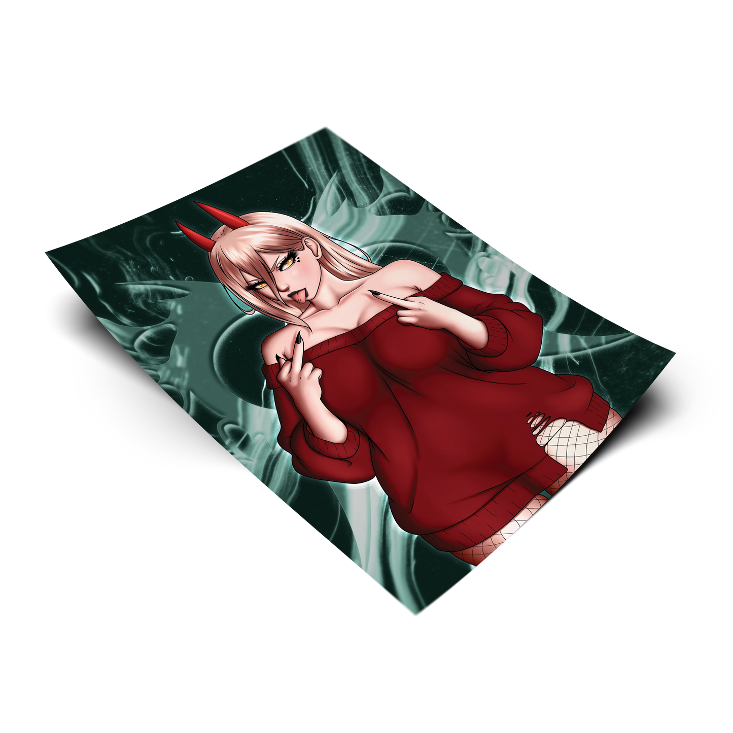 Power art print on a transparent background, red devil horns, off-shoulder red sweater, fishnet tights
