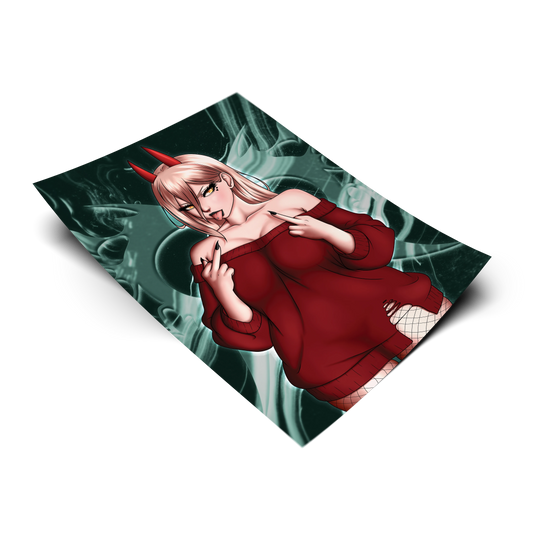 Power art print on a transparent background, red devil horns, off-shoulder red sweater, fishnet tights