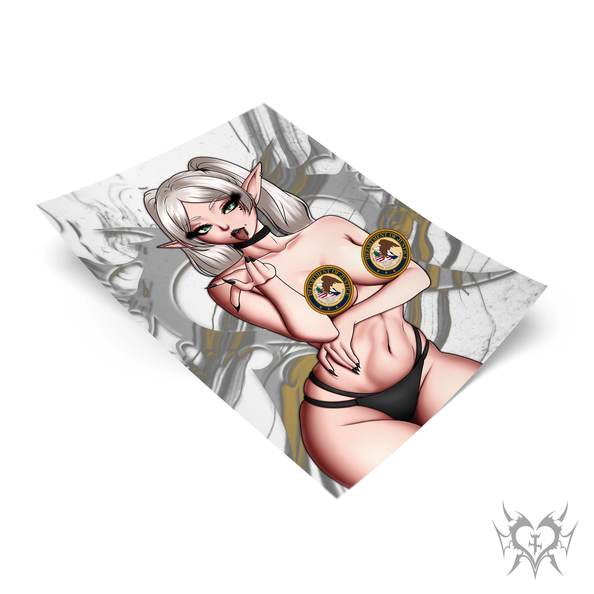[Classified] Frieren art print laid flat on a gray smoke background, silver twin-tails and elf ears, censor badges, black choker and thong