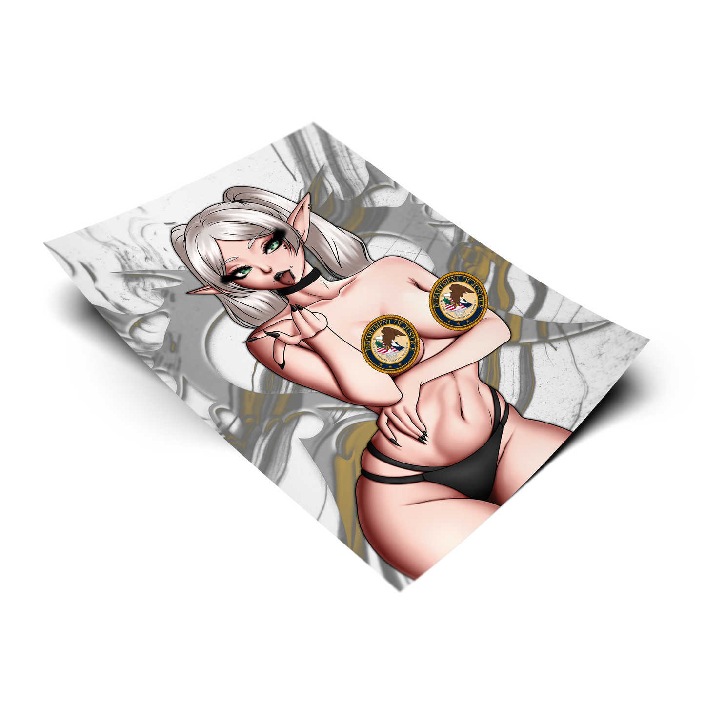 [Classified] Frieren art print on a transparent background, silver twin-tails and elf ears, censor badges, black choker and thong