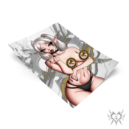 [Classified] White Haired Elf Mage art print laid flat on a gray smoke background, silver twin-tails and elf ears, censor badges, black choker and thong