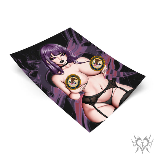 [Classified] Purple Haired Apprentice Mage art print on a white background, purple hair with bangs, censor badges, black garter lingerie set