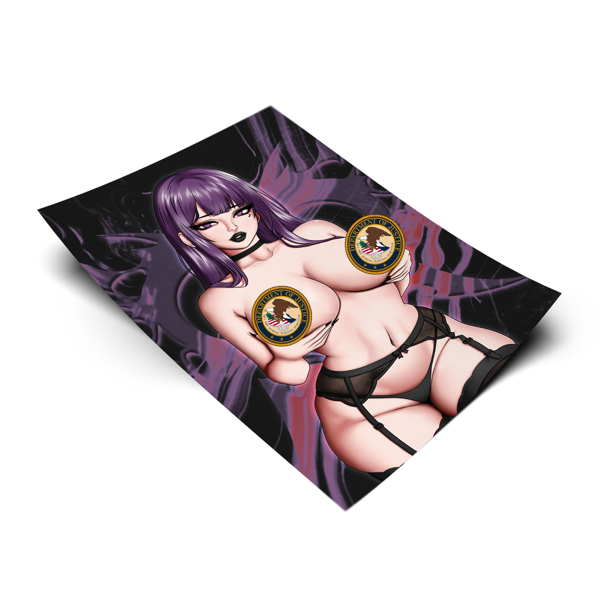 [Classified] Purple Haired Apprentice Mage art print on a transparent background, purple hair with bangs, censor badges, black garter lingerie set