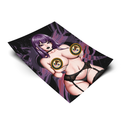 [Classified] Purple Haired Apprentice Mage art print on a transparent background, purple hair with bangs, censor badges, black garter lingerie set