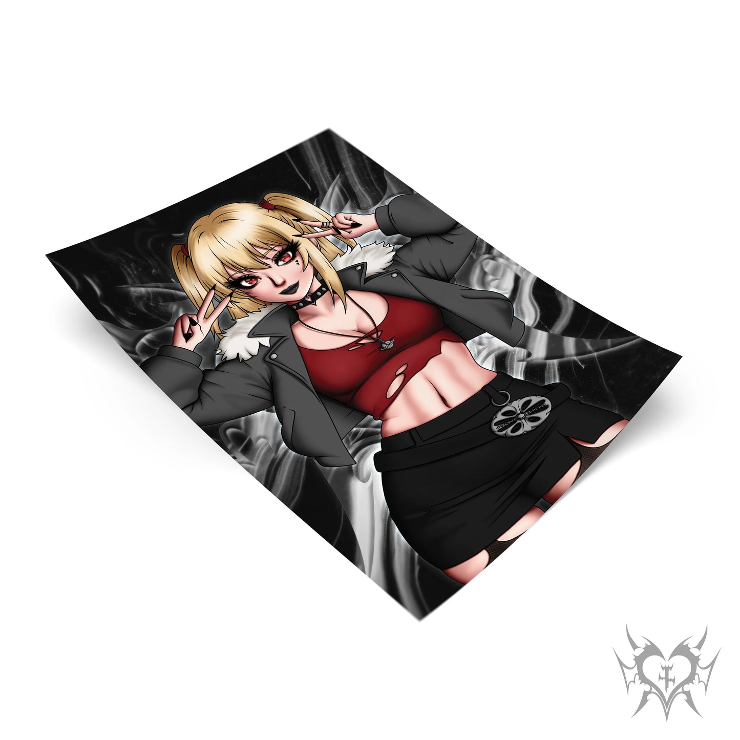 Misa Amane art print laid flat on a Death Note themed black smoke background, blonde twin tails, red heart choker, gray fur-collar jacket over a red crop top and black skirt