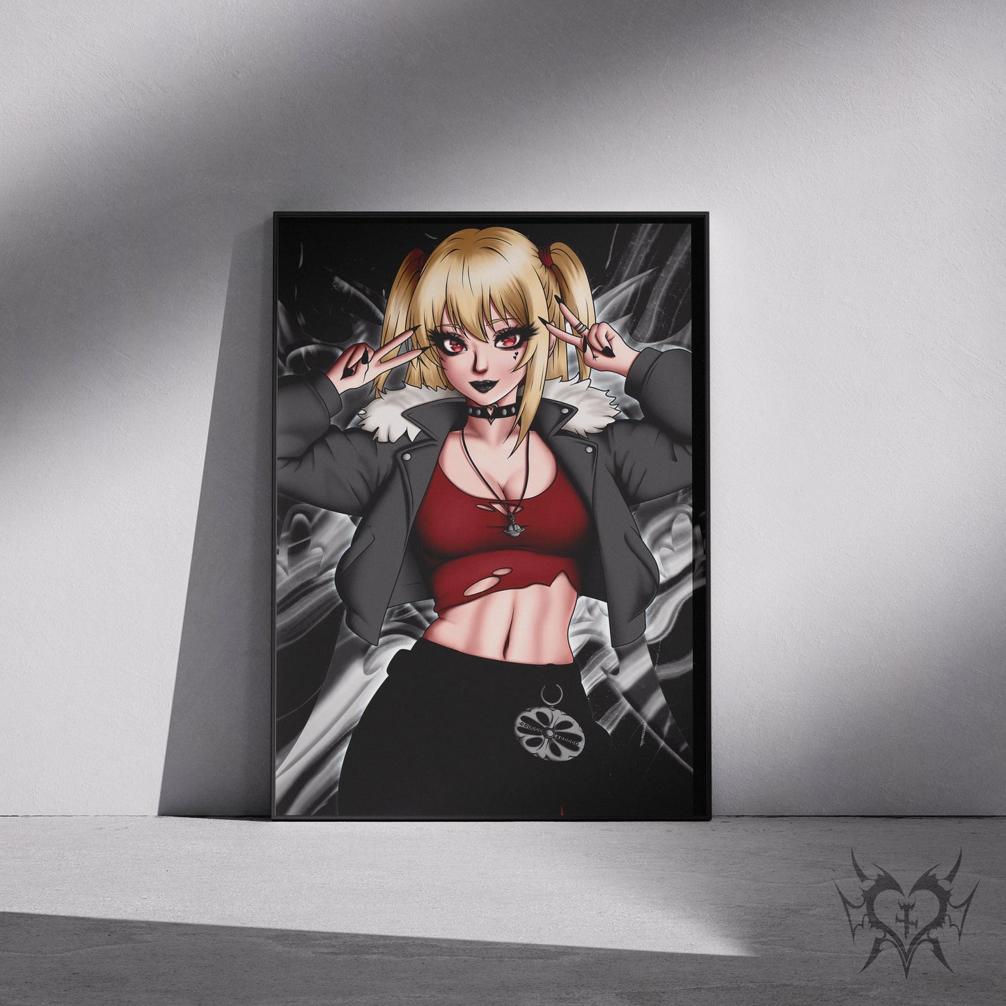 Misa Amane art print in a black frame mockup leaning against a gray wall