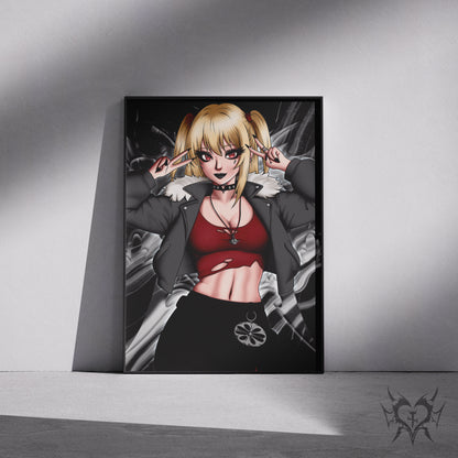 Misa Amane art print in a black frame mockup leaning against a gray wall
