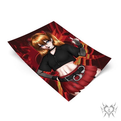 Goth Asuka art print laid flat on a fiery red background, orange twin tails with red cat-ear clips, black cropped button-up, red plaid mini skirt with a handcuff belt