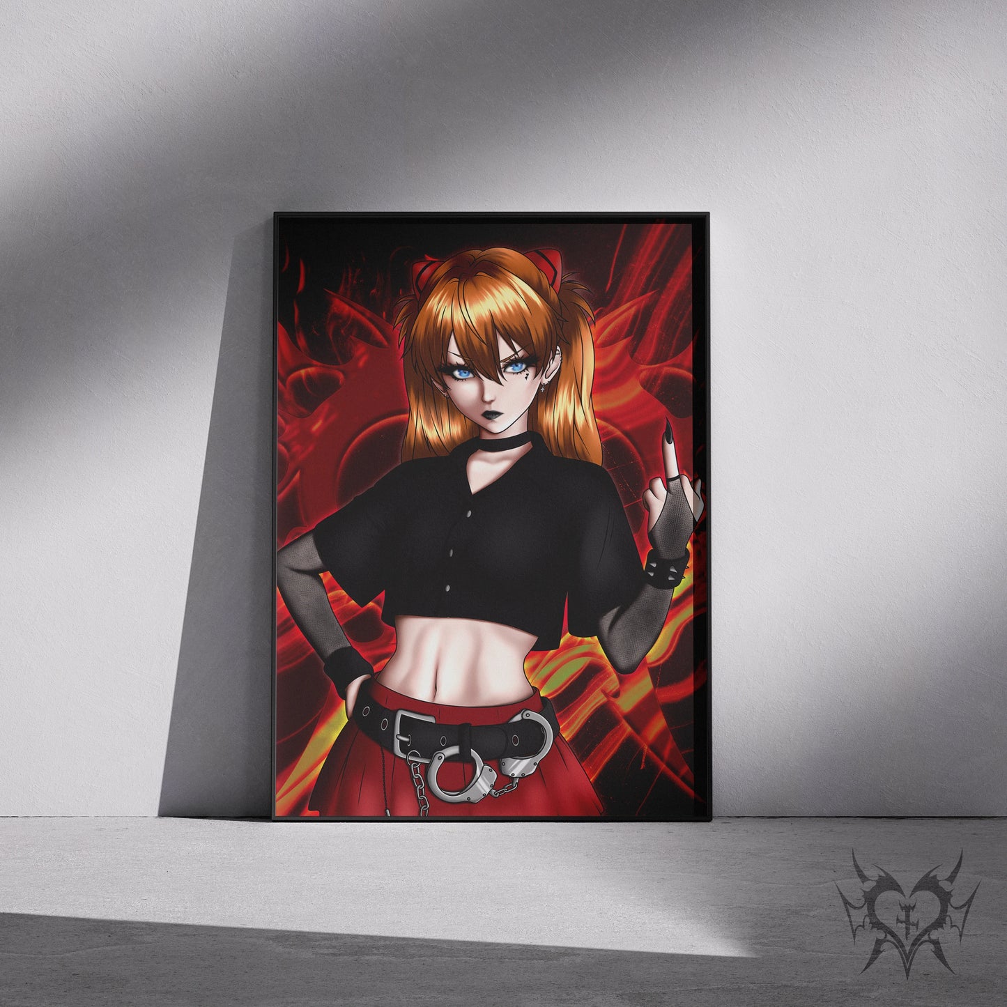 Goth Asuka art print in a black frame mockup leaning against a gray wall