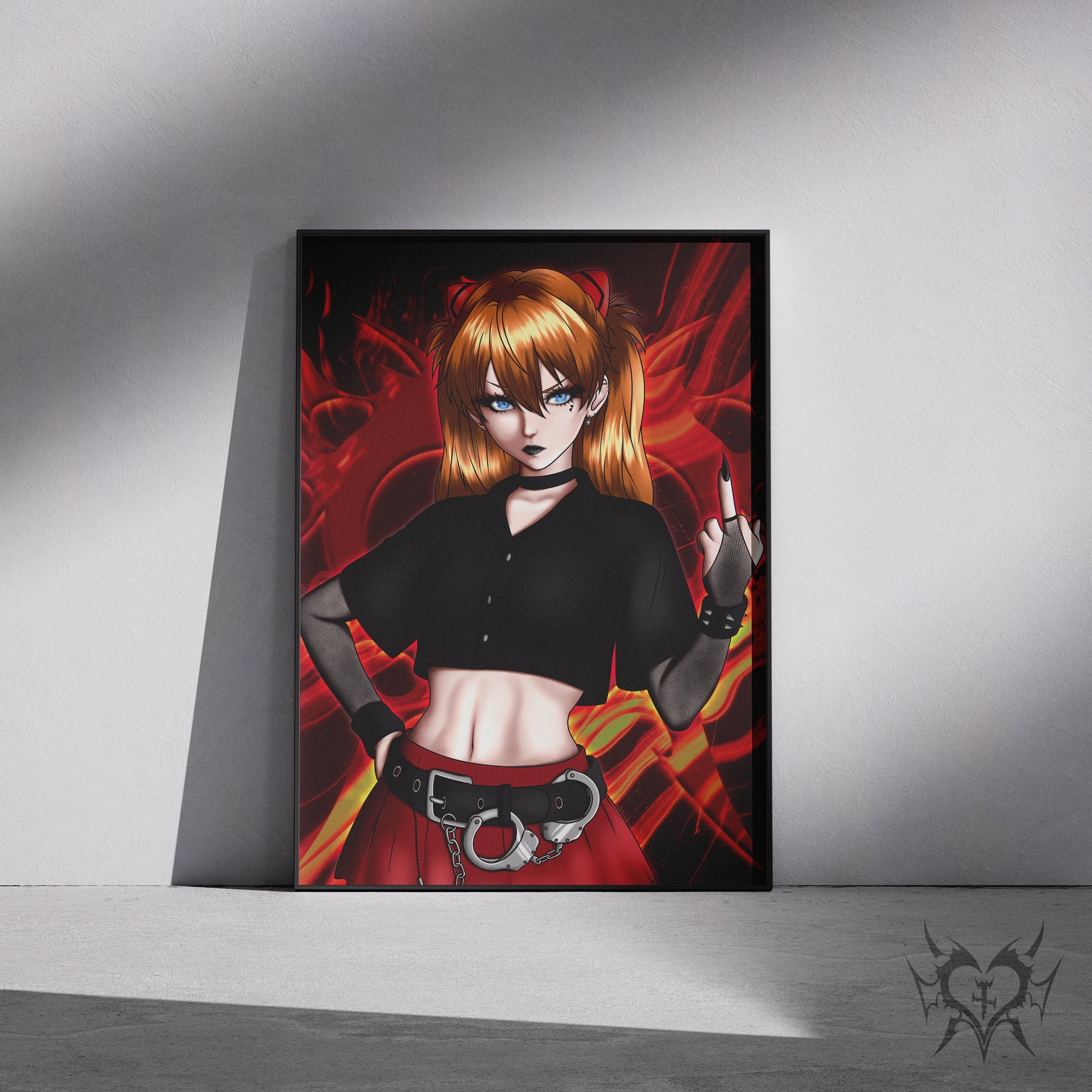 Goth Asuka art print in a black frame mockup leaning against a gray wall