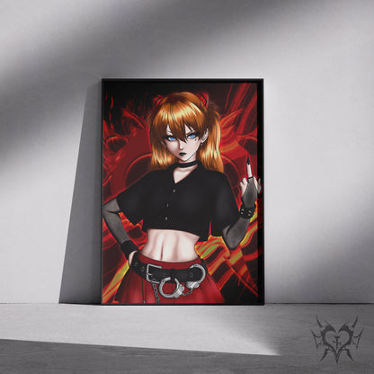 Goth Asuka art print in a black frame mockup leaning against a gray wall
