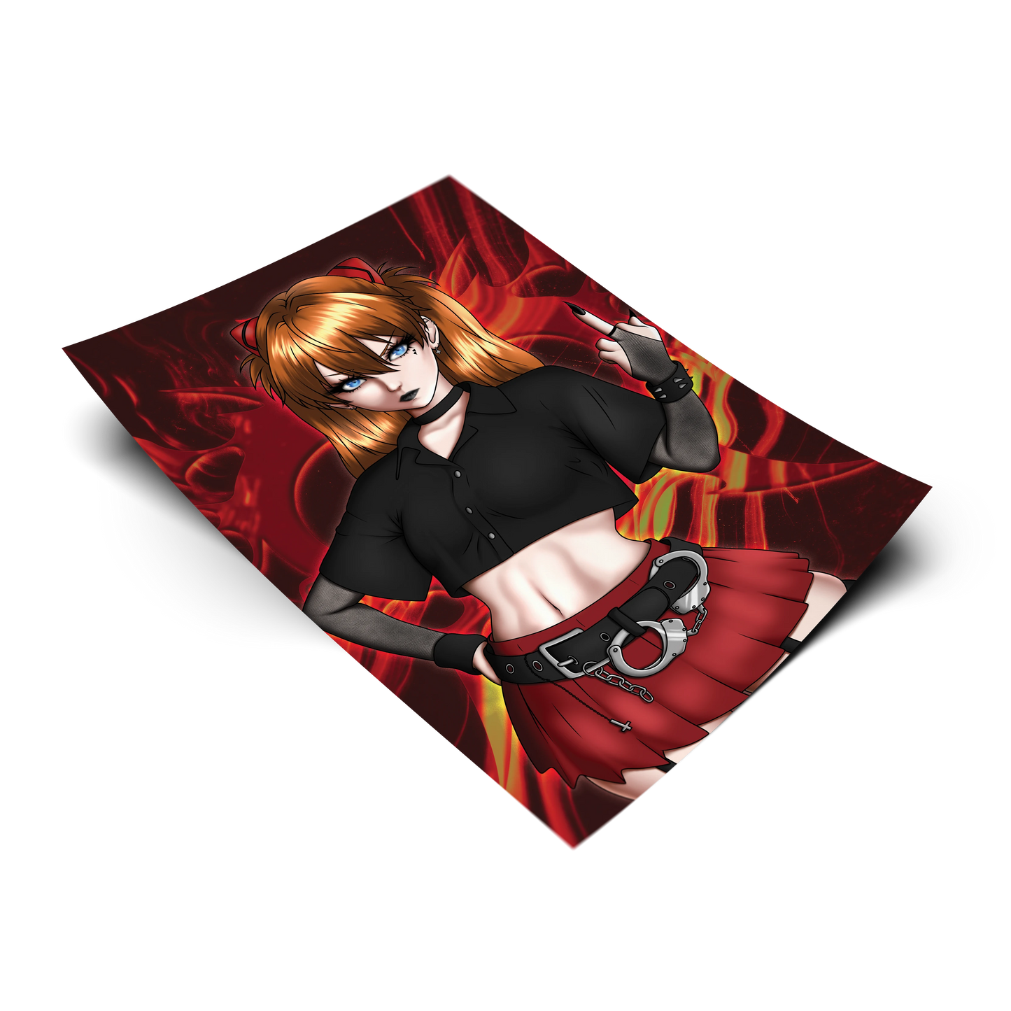 Goth Asuka art print on a transparent background, orange twin tails with red cat-ear clips, black cropped button-up, red plaid mini skirt with a handcuff belt