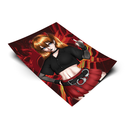 Goth Asuka art print on a transparent background, orange twin tails with red cat-ear clips, black cropped button-up, red plaid mini skirt with a handcuff belt
