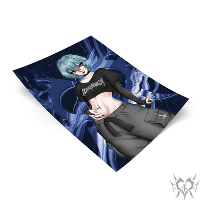 Goth Rei art print laid flat on a dark blue smoke background, teal bob haircut, black choker, cropped black graphic tee, gray cargo skirt
