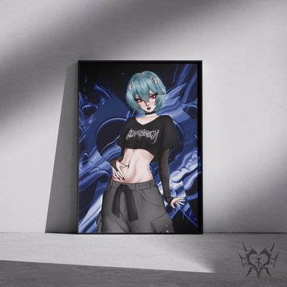 Goth Rei art print in a black frame mockup leaning against a gray wall