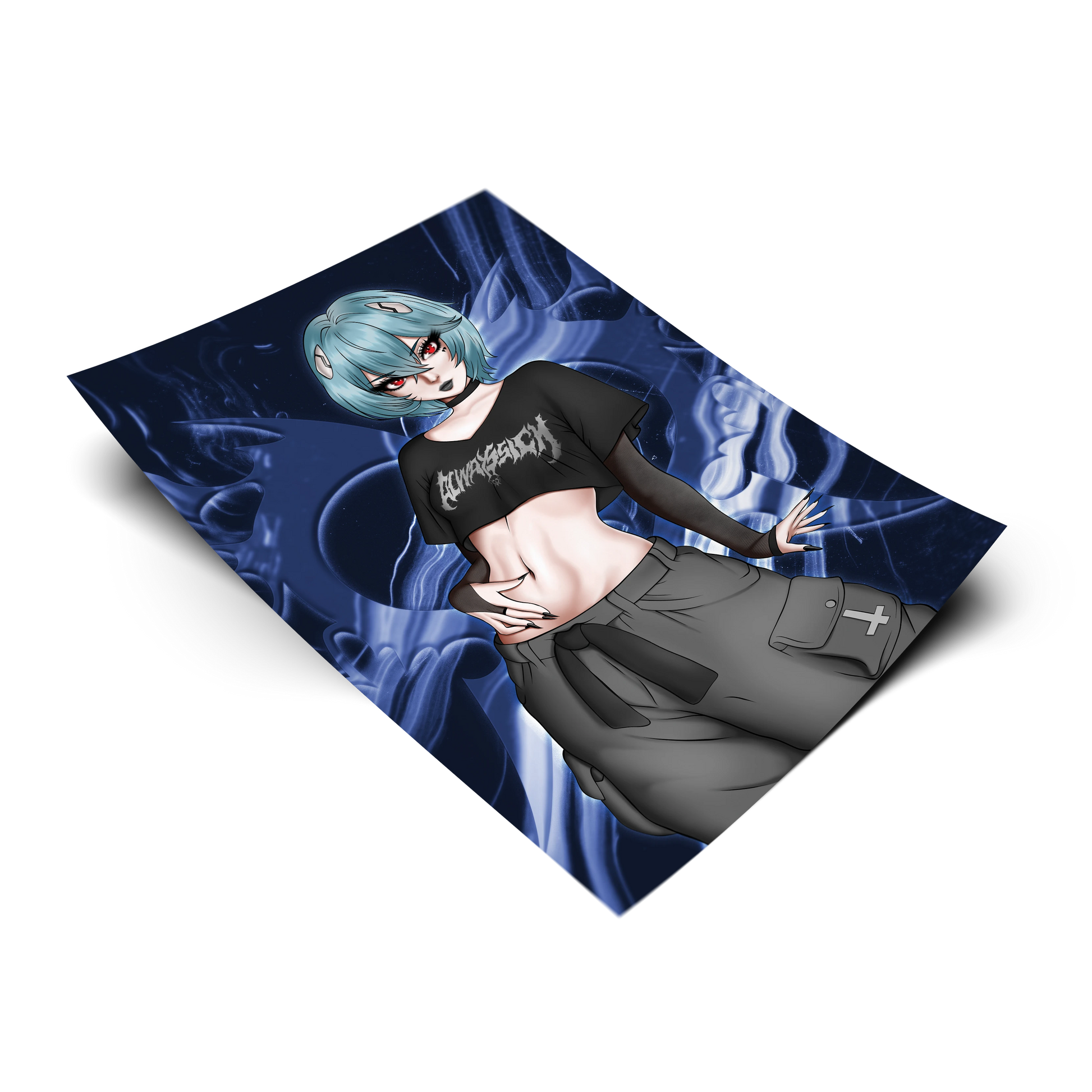 Goth Rei art print on a transparent background, teal bob haircut, black choker, cropped black graphic tee, gray cargo skirt