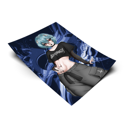 Goth Rei art print on a transparent background, teal bob haircut, black choker, cropped black graphic tee, gray cargo skirt