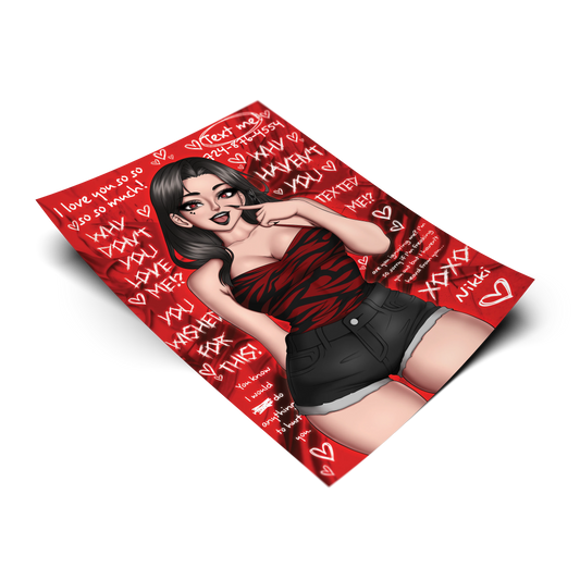 Nikki Freeman art print from the horror film Obsession, normal version, with a graffiti-style red background reading love notes and her phone number